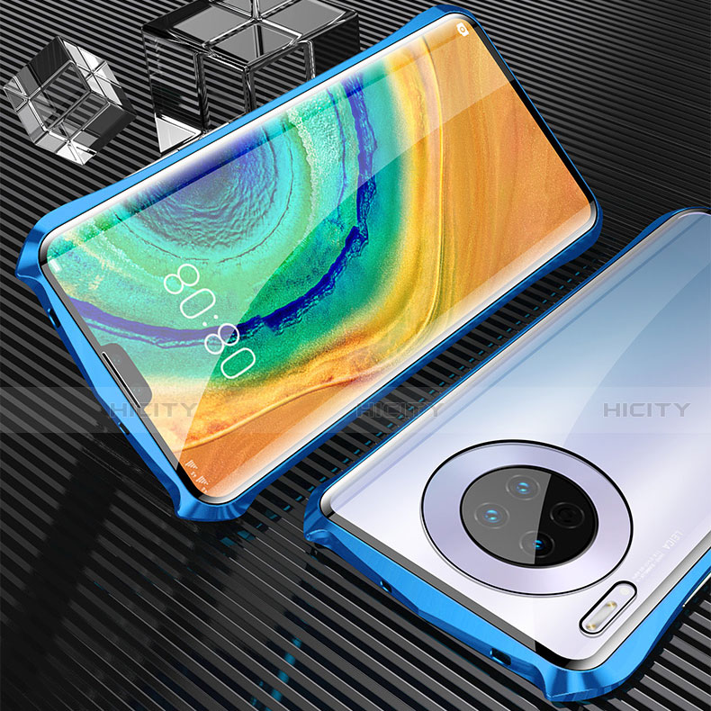 Coque Rebord Bumper Luxe Aluminum Metal Miroir 360 Degres Housse Etui Aimant M05 pour Huawei Mate 30 5G Bleu Plus