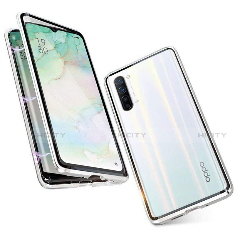 Coque Rebord Bumper Luxe Aluminum Metal Miroir 360 Degres Housse Etui Aimant M05 pour Oppo F15 Argent Plus