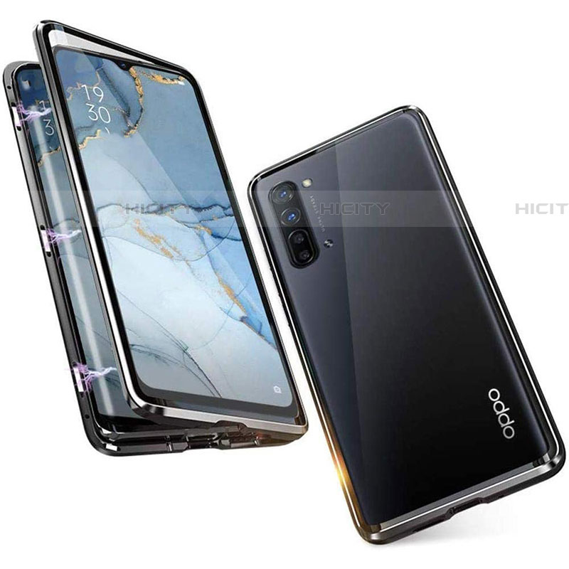 Coque Rebord Bumper Luxe Aluminum Metal Miroir 360 Degres Housse Etui Aimant M05 pour Oppo Reno3 Noir Plus