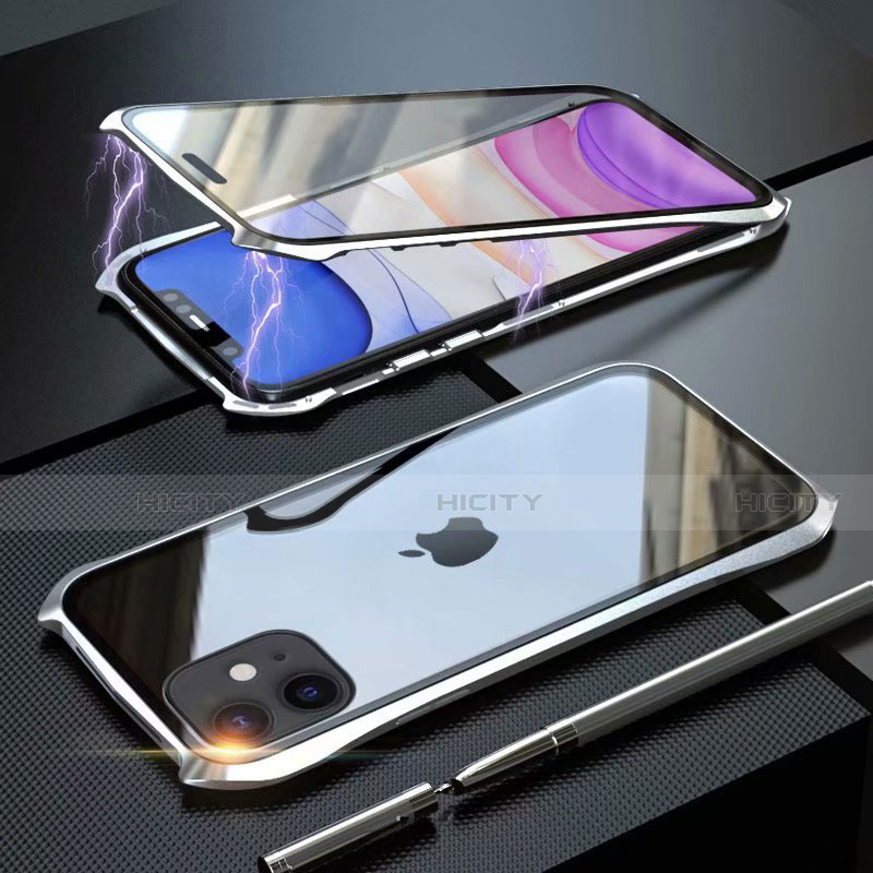 Coque Rebord Bumper Luxe Aluminum Metal Miroir 360 Degres Housse Etui Aimant M06 pour Apple iPhone 11 Argent Plus