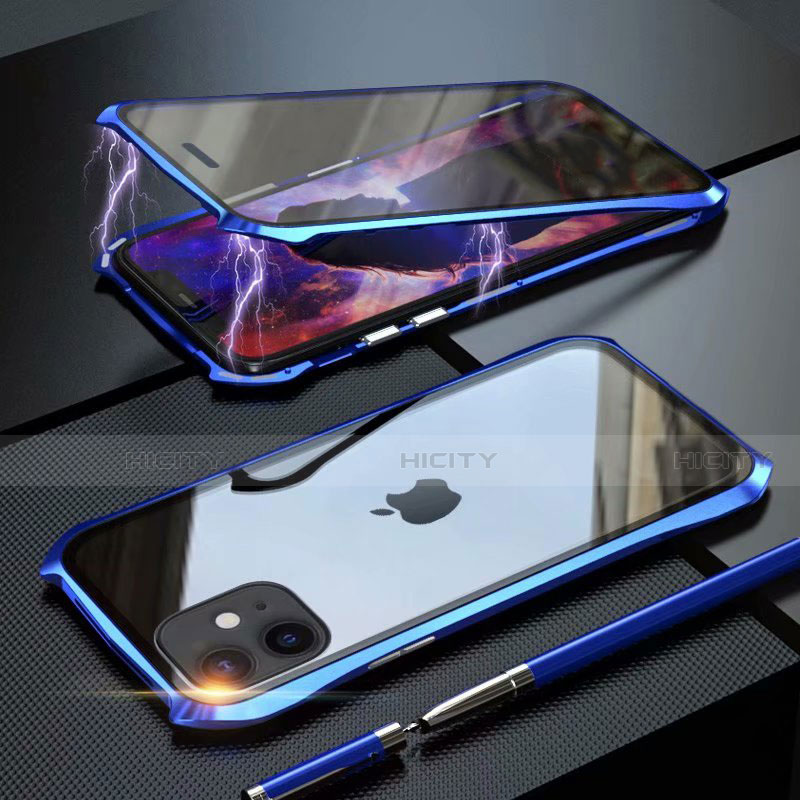 Coque Rebord Bumper Luxe Aluminum Metal Miroir 360 Degres Housse Etui Aimant M06 pour Apple iPhone 11 Bleu Plus