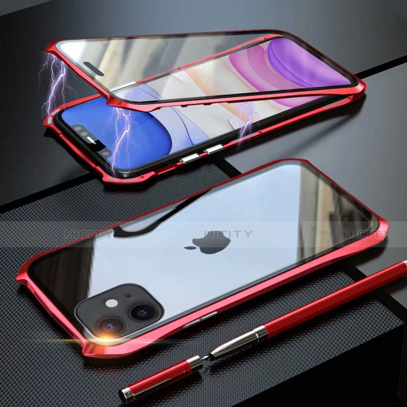 Coque Rebord Bumper Luxe Aluminum Metal Miroir 360 Degres Housse Etui Aimant M06 pour Apple iPhone 11 Rouge Plus