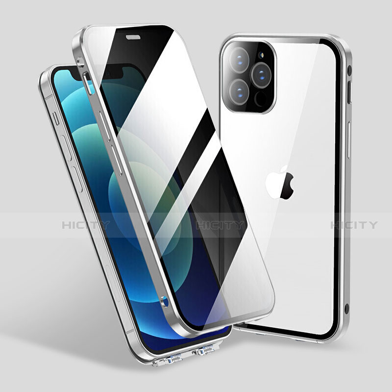 Coque Rebord Bumper Luxe Aluminum Metal Miroir 360 Degres Housse Etui Aimant M06 pour Apple iPhone 13 Pro Argent Plus