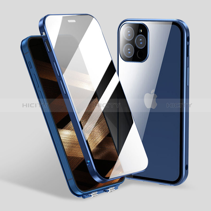 Coque Rebord Bumper Luxe Aluminum Metal Miroir 360 Degres Housse Etui Aimant M06 pour Apple iPhone 14 Pro Bleu Plus