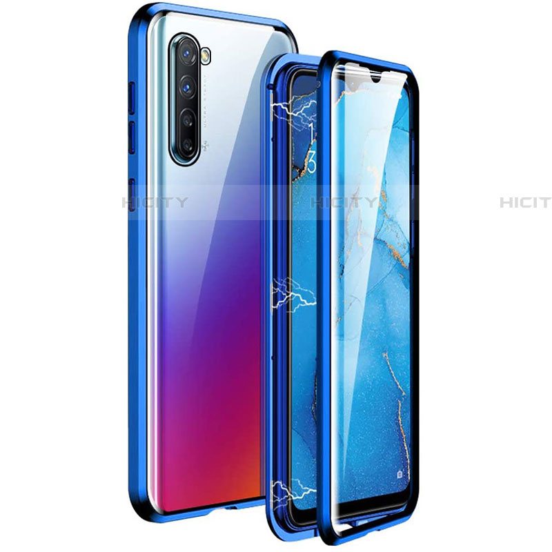 Coque Rebord Bumper Luxe Aluminum Metal Miroir 360 Degres Housse Etui Aimant M06 pour Oppo Reno3 Bleu Plus