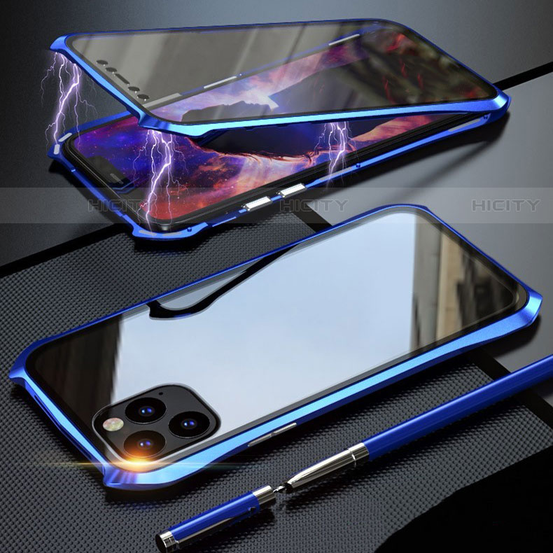 Coque Rebord Bumper Luxe Aluminum Metal Miroir 360 Degres Housse Etui Aimant M07 pour Apple iPhone 11 Pro Max Bleu Plus