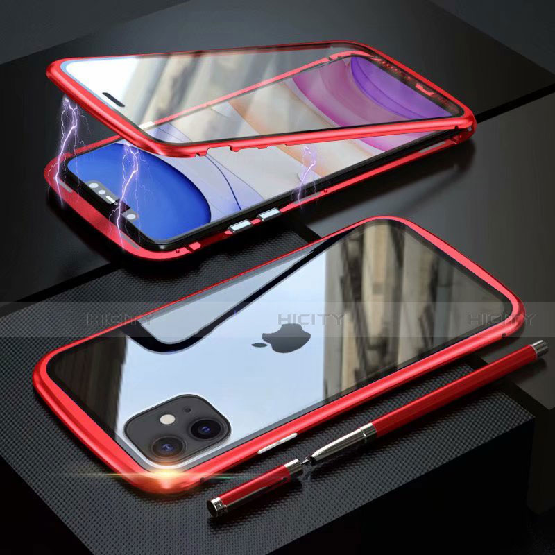 Coque Rebord Bumper Luxe Aluminum Metal Miroir 360 Degres Housse Etui Aimant M07 pour Apple iPhone 11 Rouge Plus