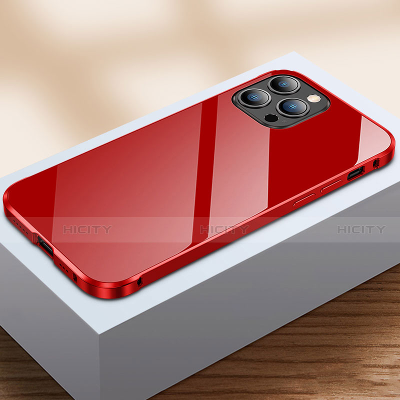 Coque Rebord Bumper Luxe Aluminum Metal Miroir 360 Degres Housse Etui Aimant M07 pour Apple iPhone 13 Pro Max Rouge Plus