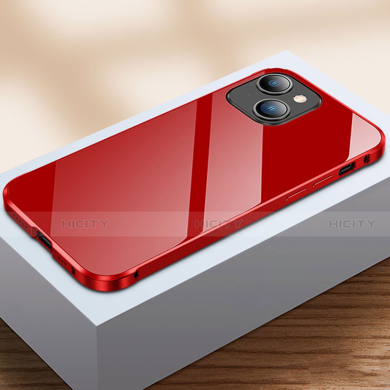 Coque Rebord Bumper Luxe Aluminum Metal Miroir 360 Degres Housse Etui Aimant M07 pour Apple iPhone 13 Rouge Plus