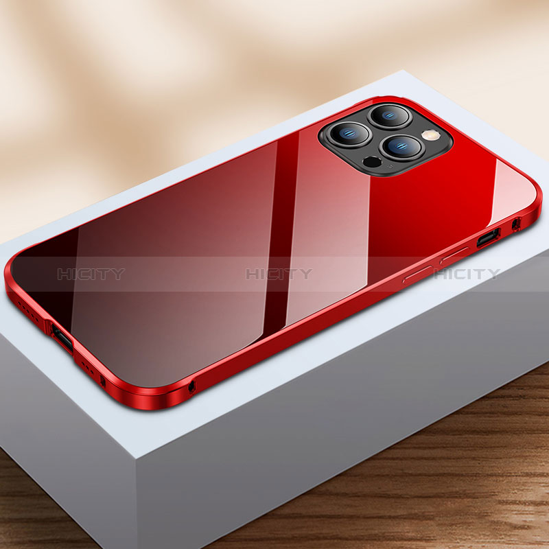 Coque Rebord Bumper Luxe Aluminum Metal Miroir 360 Degres Housse Etui Aimant M07 pour Apple iPhone 14 Pro Max Rouge et Noir Plus