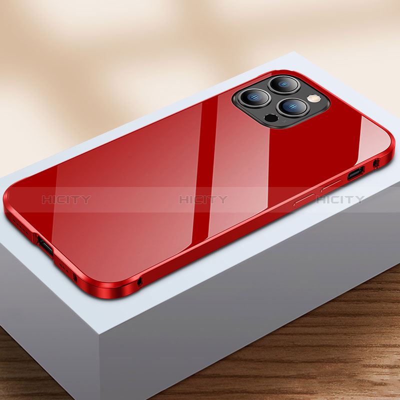 Coque Rebord Bumper Luxe Aluminum Metal Miroir 360 Degres Housse Etui Aimant M07 pour Apple iPhone 14 Pro Rouge Plus