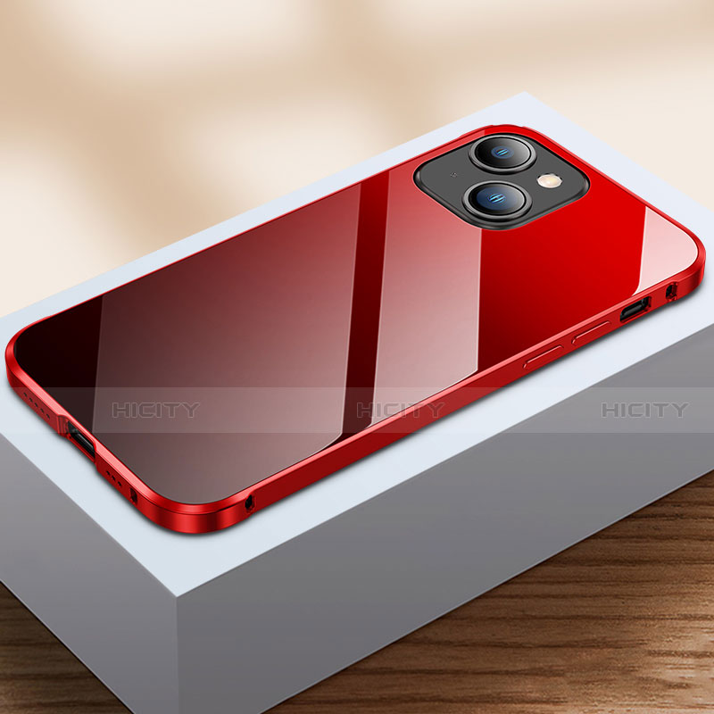 Coque Rebord Bumper Luxe Aluminum Metal Miroir 360 Degres Housse Etui Aimant M07 pour Apple iPhone 14 Rouge et Noir Plus