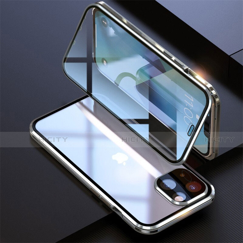 Coque Rebord Bumper Luxe Aluminum Metal Miroir 360 Degres Housse Etui Aimant M08 pour Apple iPhone 13 Argent Plus