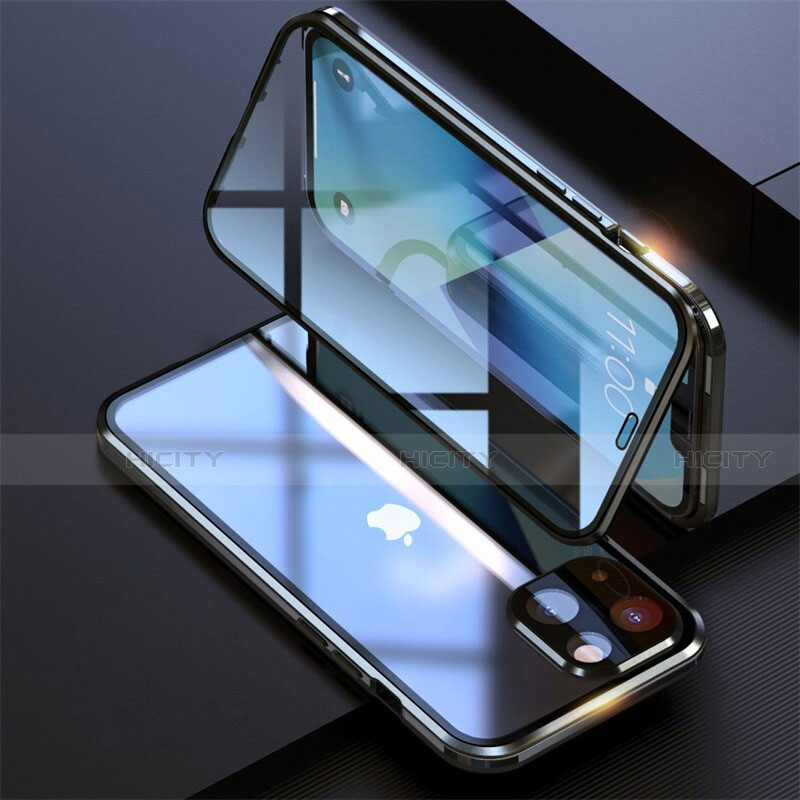 Coque Rebord Bumper Luxe Aluminum Metal Miroir 360 Degres Housse Etui Aimant M08 pour Apple iPhone 13 Noir Plus