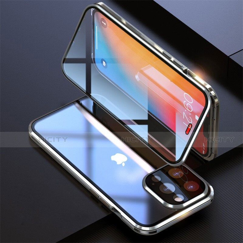 Coque Rebord Bumper Luxe Aluminum Metal Miroir 360 Degres Housse Etui Aimant M08 pour Apple iPhone 13 Pro Max Argent Plus