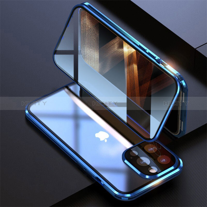 Coque Rebord Bumper Luxe Aluminum Metal Miroir 360 Degres Housse Etui Aimant M08 pour Apple iPhone 14 Pro Bleu Plus