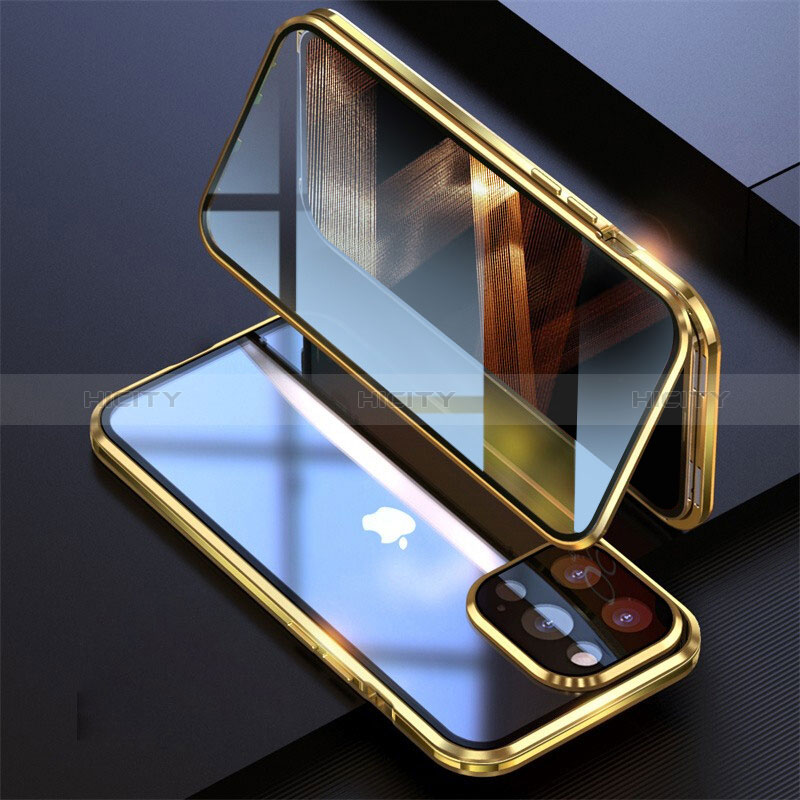 Coque Rebord Bumper Luxe Aluminum Metal Miroir 360 Degres Housse Etui Aimant M08 pour Apple iPhone 14 Pro Or Plus