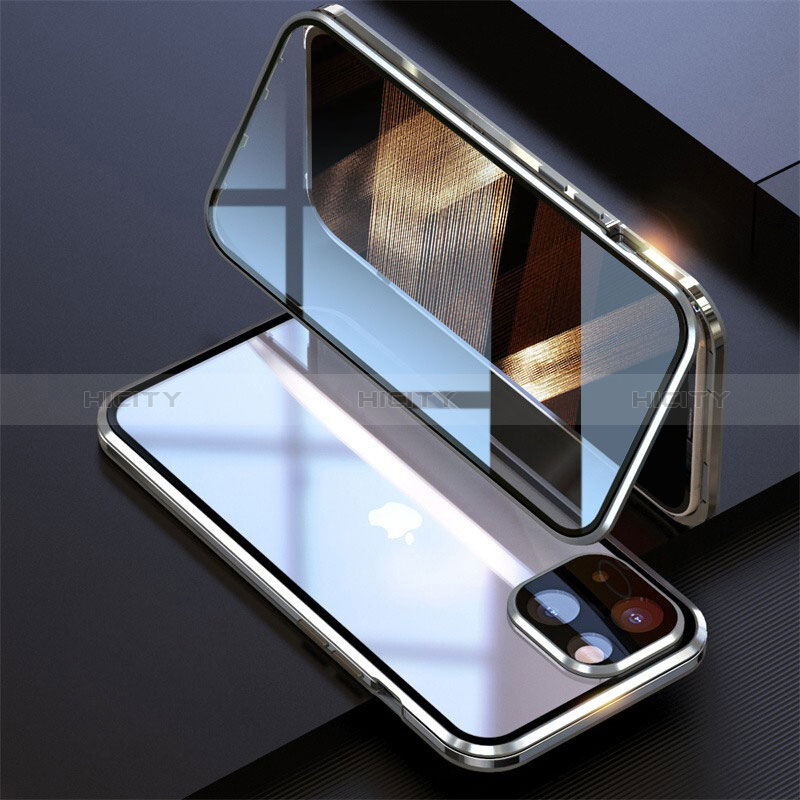 Coque Rebord Bumper Luxe Aluminum Metal Miroir 360 Degres Housse Etui Aimant M08 pour Apple iPhone 15 Argent Plus