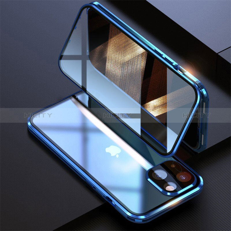 Coque Rebord Bumper Luxe Aluminum Metal Miroir 360 Degres Housse Etui Aimant M08 pour Apple iPhone 15 Bleu Plus