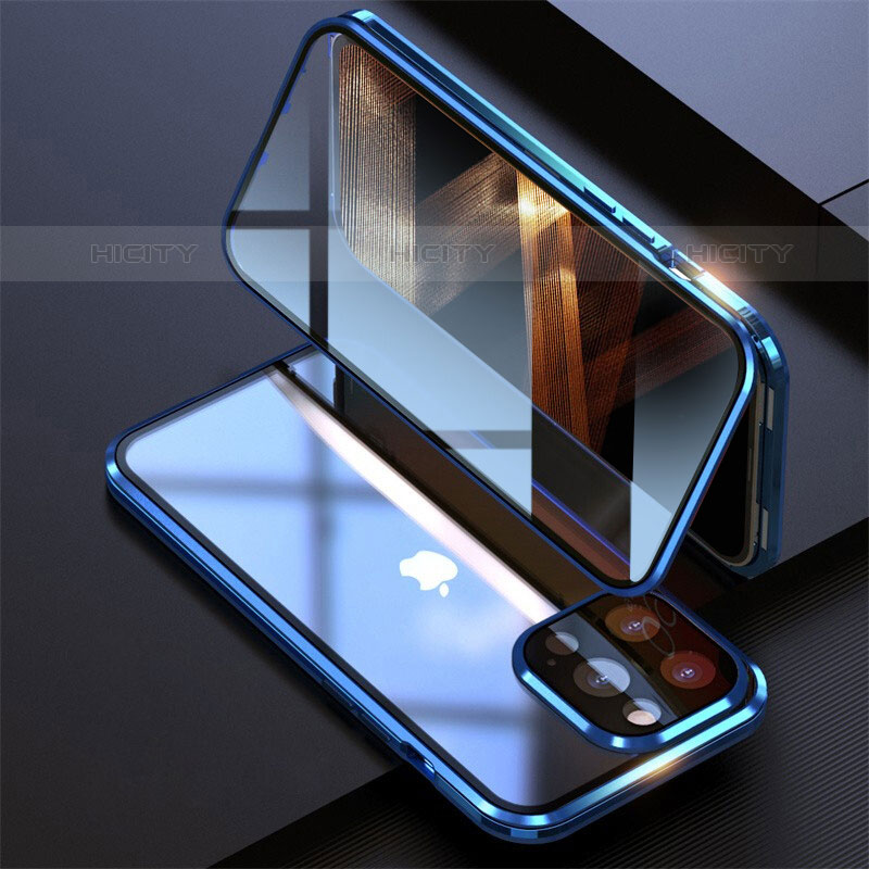 Coque Rebord Bumper Luxe Aluminum Metal Miroir 360 Degres Housse Etui Aimant M08 pour Apple iPhone 15 Pro Max Bleu Plus