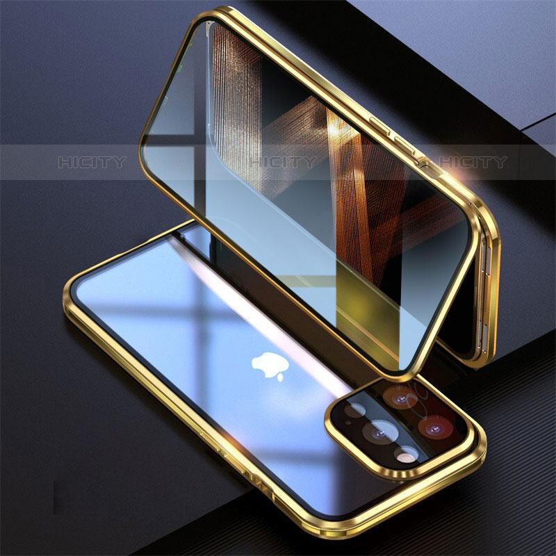 Coque Rebord Bumper Luxe Aluminum Metal Miroir 360 Degres Housse Etui Aimant M08 pour Apple iPhone 15 Pro Or Plus