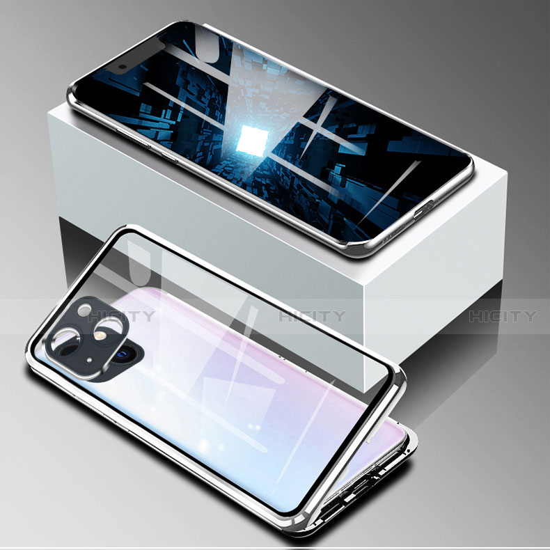 Coque Rebord Bumper Luxe Aluminum Metal Miroir 360 Degres Housse Etui Aimant M09 pour Apple iPhone 13 Argent Plus