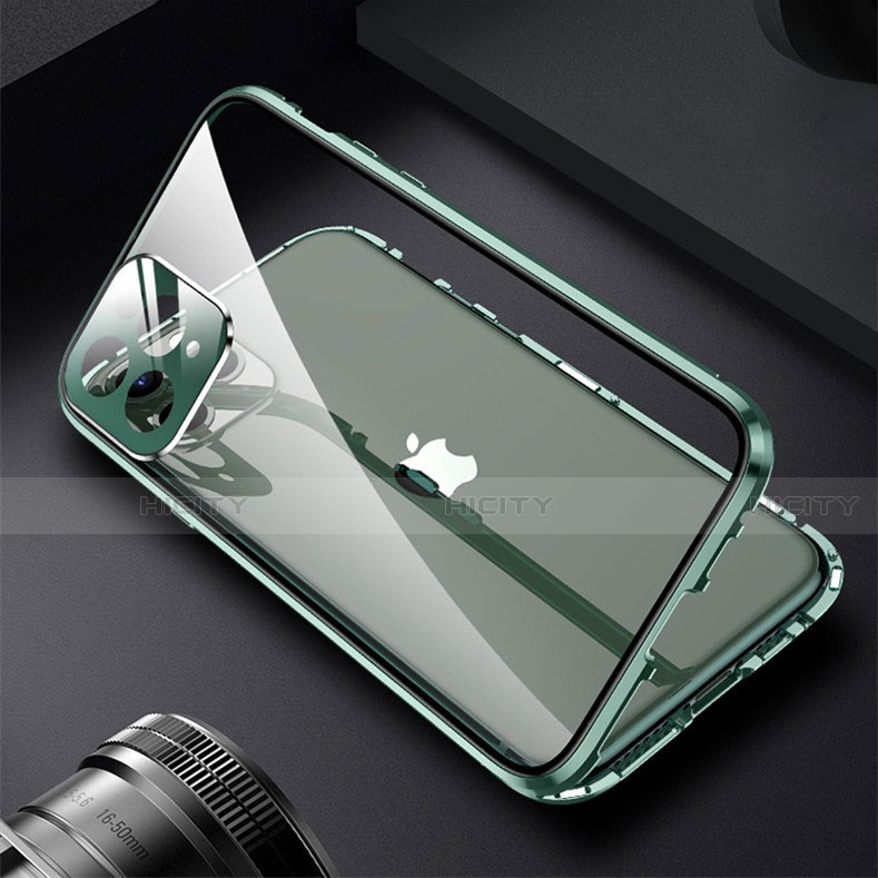Coque Rebord Bumper Luxe Aluminum Metal Miroir 360 Degres Housse Etui Aimant M09 pour Apple iPhone 13 Pro Max Vert Plus