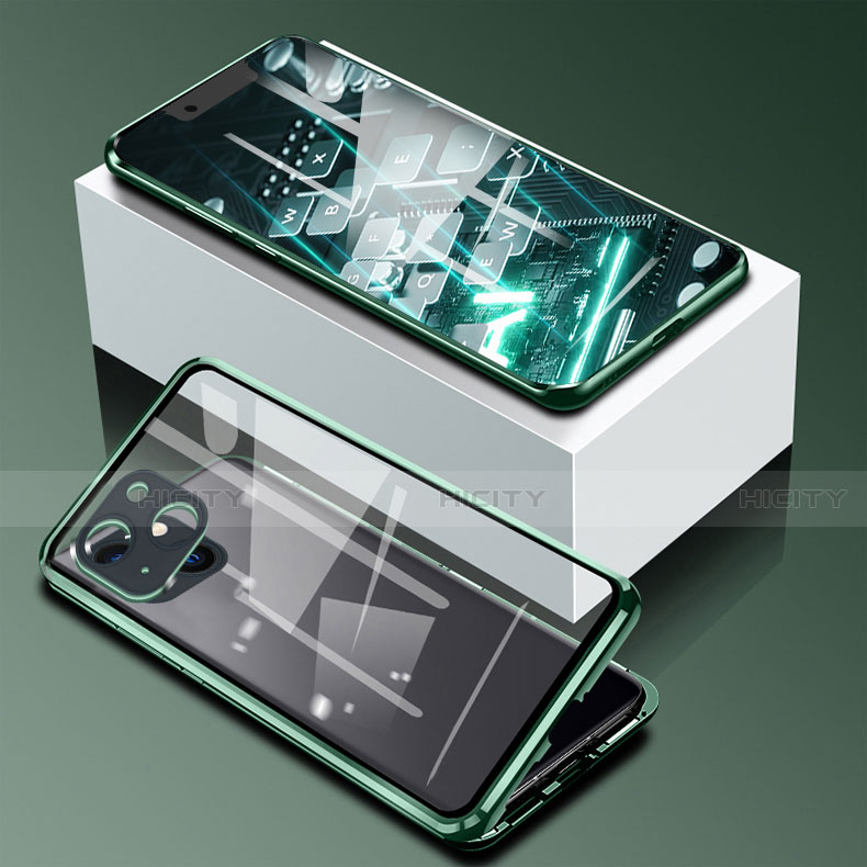 Coque Rebord Bumper Luxe Aluminum Metal Miroir 360 Degres Housse Etui Aimant M09 pour Apple iPhone 14 Plus Vert Plus