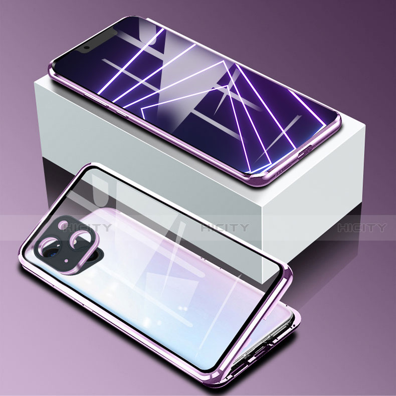 Coque Rebord Bumper Luxe Aluminum Metal Miroir 360 Degres Housse Etui Aimant M09 pour Apple iPhone 14 Violet Plus