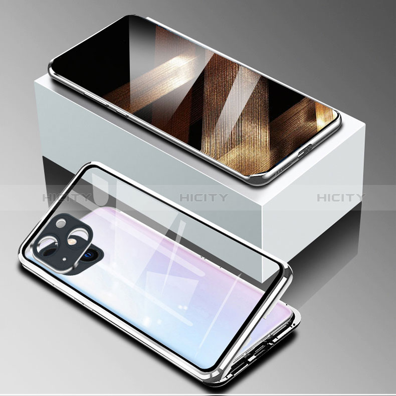 Coque Rebord Bumper Luxe Aluminum Metal Miroir 360 Degres Housse Etui Aimant M09 pour Apple iPhone 15 Argent Plus