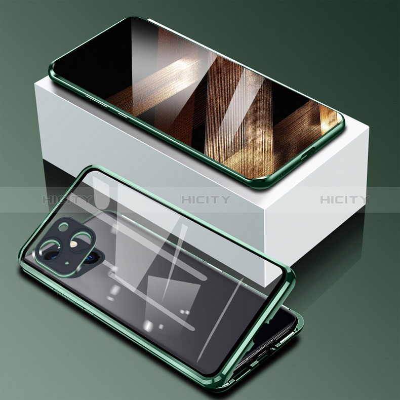 Coque Rebord Bumper Luxe Aluminum Metal Miroir 360 Degres Housse Etui Aimant M09 pour Apple iPhone 15 Plus Vert Plus