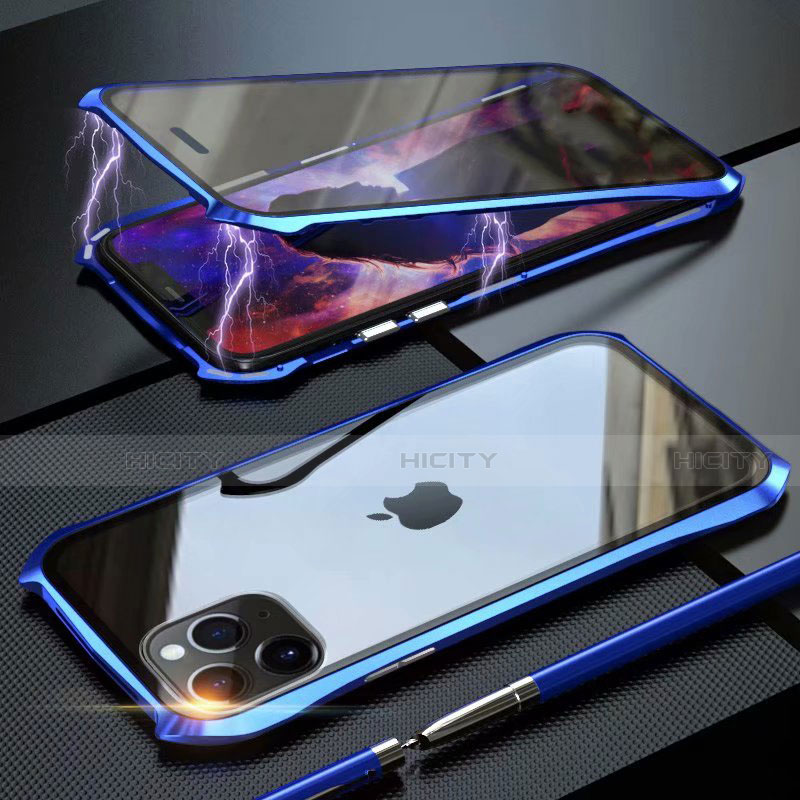 Coque Rebord Bumper Luxe Aluminum Metal Miroir 360 Degres Housse Etui Aimant M10 pour Apple iPhone 11 Pro Bleu Plus