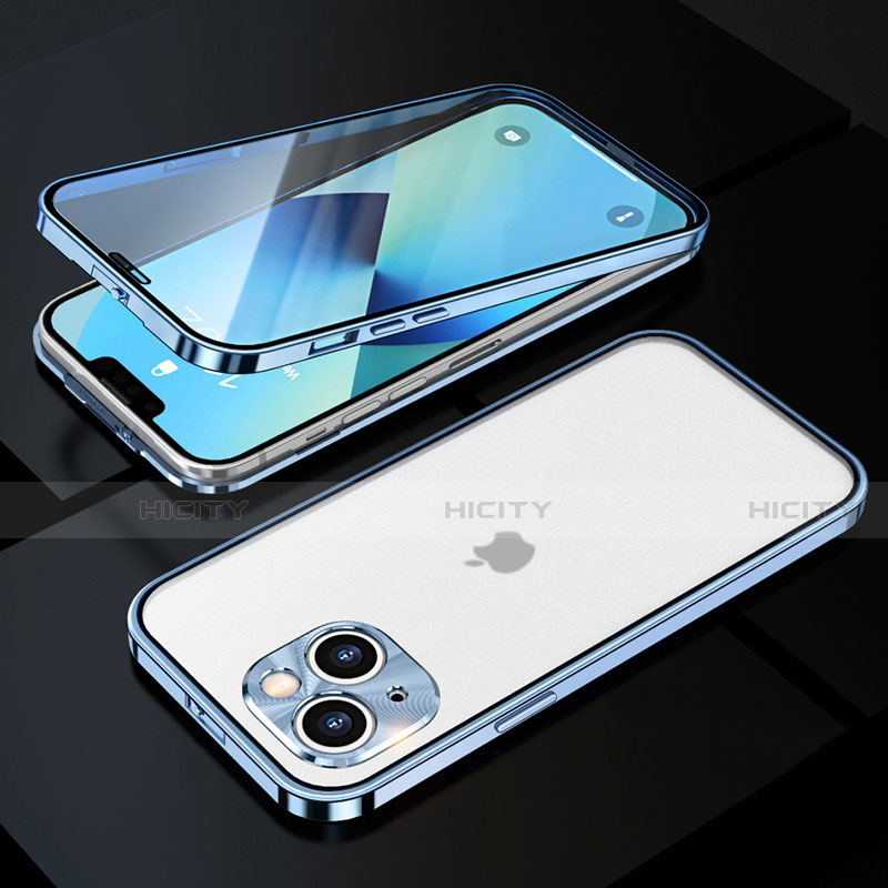 Coque Rebord Bumper Luxe Aluminum Metal Miroir 360 Degres Housse Etui Aimant M10 pour Apple iPhone 13 Mini Bleu Plus