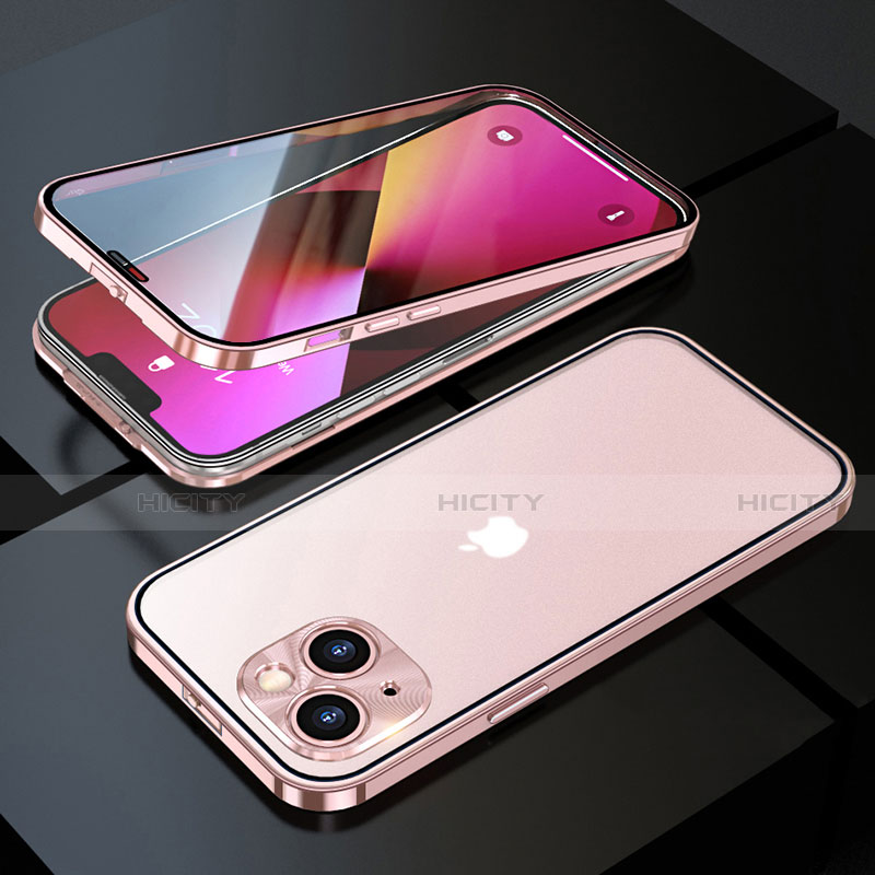 Coque Rebord Bumper Luxe Aluminum Metal Miroir 360 Degres Housse Etui Aimant M10 pour Apple iPhone 13 Mini Or Rose Plus