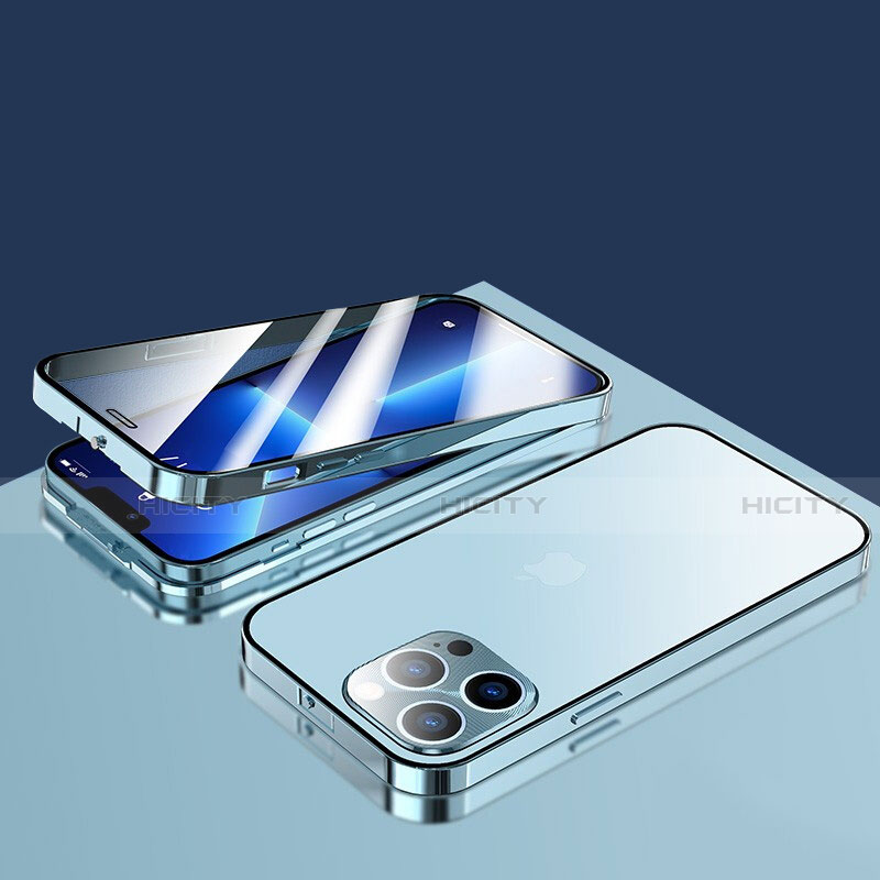 Coque Rebord Bumper Luxe Aluminum Metal Miroir 360 Degres Housse Etui Aimant M10 pour Apple iPhone 13 Pro Max Bleu Plus