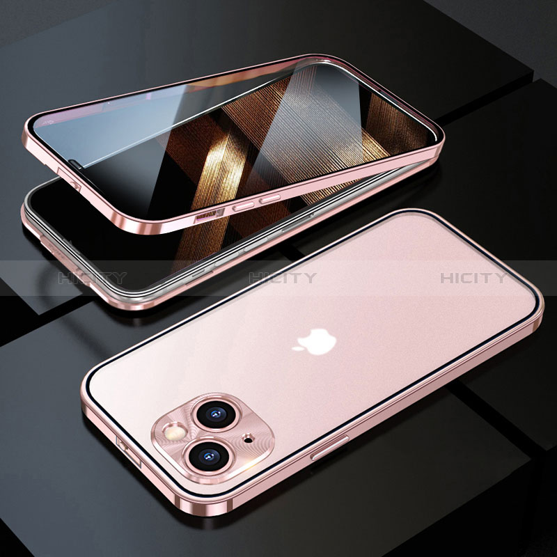 Coque Rebord Bumper Luxe Aluminum Metal Miroir 360 Degres Housse Etui Aimant M10 pour Apple iPhone 15 Or Rose Plus