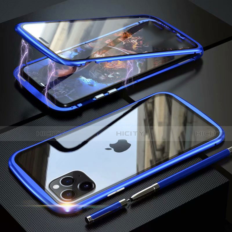 Coque Rebord Bumper Luxe Aluminum Metal Miroir 360 Degres Housse Etui Aimant M11 pour Apple iPhone 11 Pro Bleu Plus