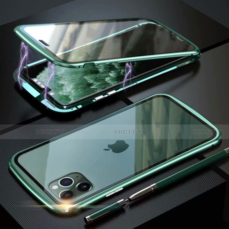 Coque Rebord Bumper Luxe Aluminum Metal Miroir 360 Degres Housse Etui Aimant M11 pour Apple iPhone 11 Pro Vert Plus