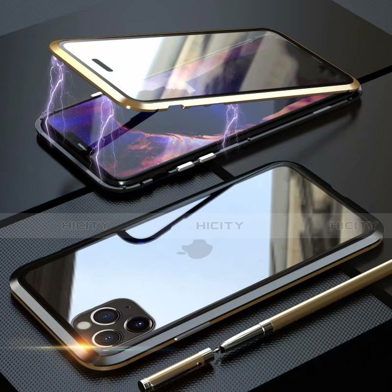 Coque Rebord Bumper Luxe Aluminum Metal Miroir 360 Degres Housse Etui Aimant M12 pour Apple iPhone 11 Pro Max Or et Noir Plus