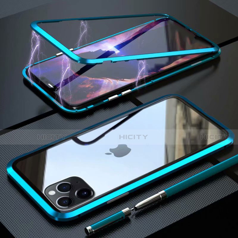 Coque Rebord Bumper Luxe Aluminum Metal Miroir 360 Degres Housse Etui Aimant M14 pour Apple iPhone 11 Pro Cyan Plus