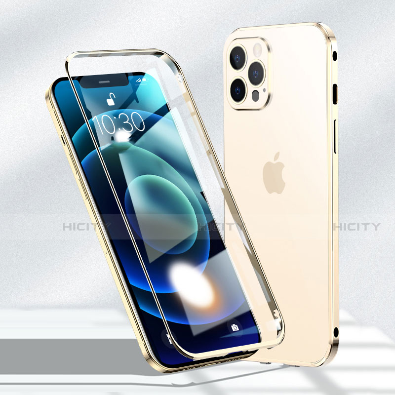 Coque Rebord Bumper Luxe Aluminum Metal Miroir 360 Degres Housse Etui Aimant N01 pour Apple iPhone 12 Pro Or Plus