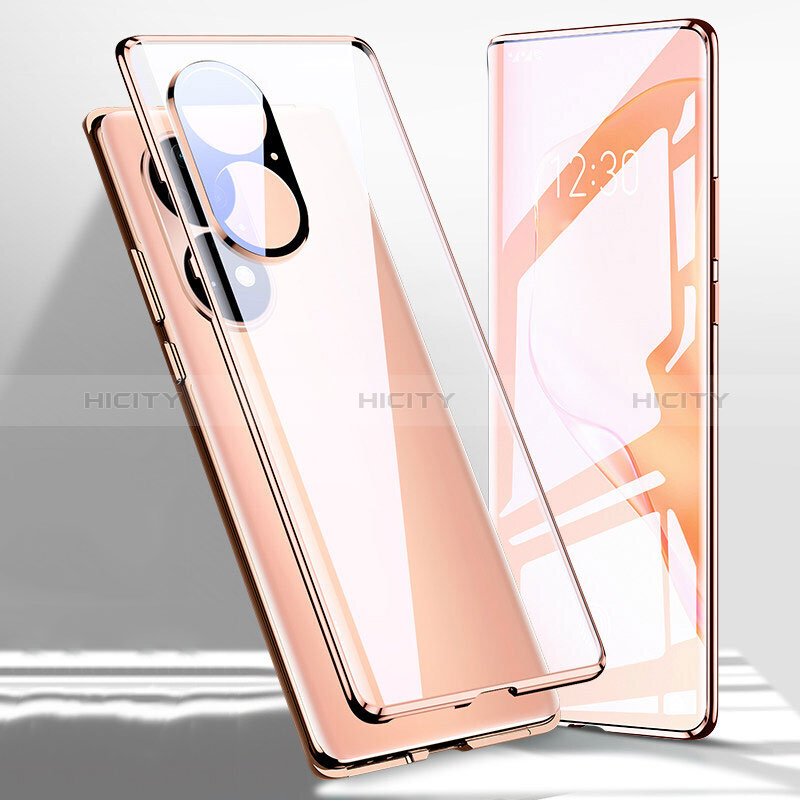 Coque Rebord Bumper Luxe Aluminum Metal Miroir 360 Degres Housse Etui Aimant P01 pour Huawei P50 Or Rose Plus