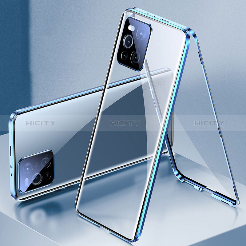 Coque Rebord Bumper Luxe Aluminum Metal Miroir 360 Degres Housse Etui Aimant P01 pour Oppo Find X3 5G Bleu Plus