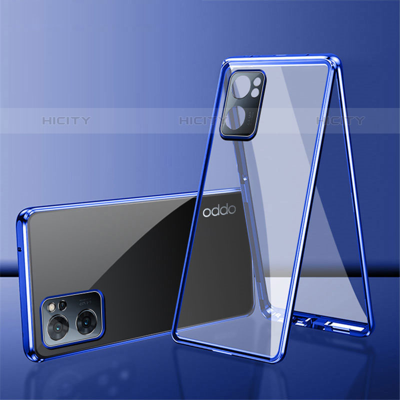 Coque Rebord Bumper Luxe Aluminum Metal Miroir 360 Degres Housse Etui Aimant P01 pour Oppo Reno7 SE 5G Bleu Plus