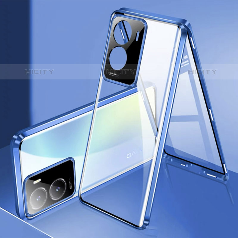 Coque Rebord Bumper Luxe Aluminum Metal Miroir 360 Degres Housse Etui Aimant P01 pour Vivo iQOO Z7x 5G Bleu Plus