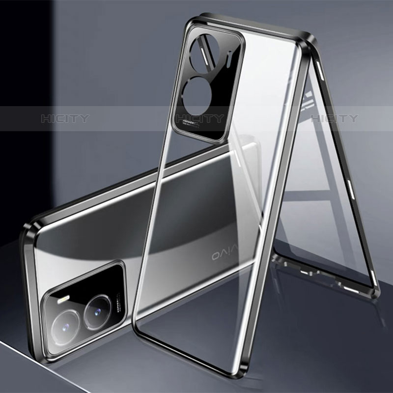 Coque Rebord Bumper Luxe Aluminum Metal Miroir 360 Degres Housse Etui Aimant P01 pour Vivo iQOO Z7x 5G Noir Plus