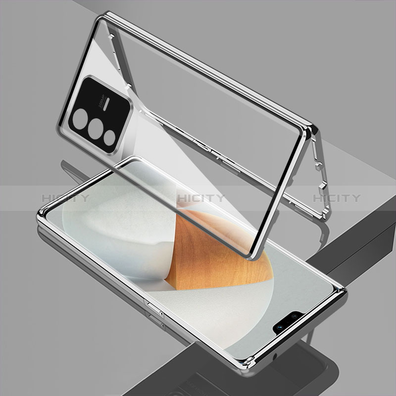 Coque Rebord Bumper Luxe Aluminum Metal Miroir 360 Degres Housse Etui Aimant P01 pour Vivo V23 5G Argent Plus