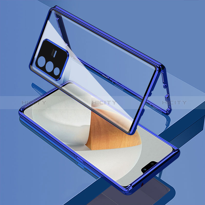 Coque Rebord Bumper Luxe Aluminum Metal Miroir 360 Degres Housse Etui Aimant P01 pour Vivo V23 Pro 5G Bleu Plus