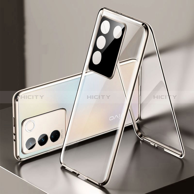 Coque Rebord Bumper Luxe Aluminum Metal Miroir 360 Degres Housse Etui Aimant P01 pour Vivo V27e 5G Or Plus