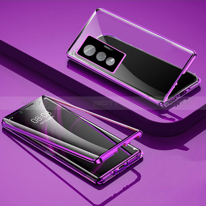 Coque Rebord Bumper Luxe Aluminum Metal Miroir 360 Degres Housse Etui Aimant P01 pour Vivo X70 5G Violet Plus